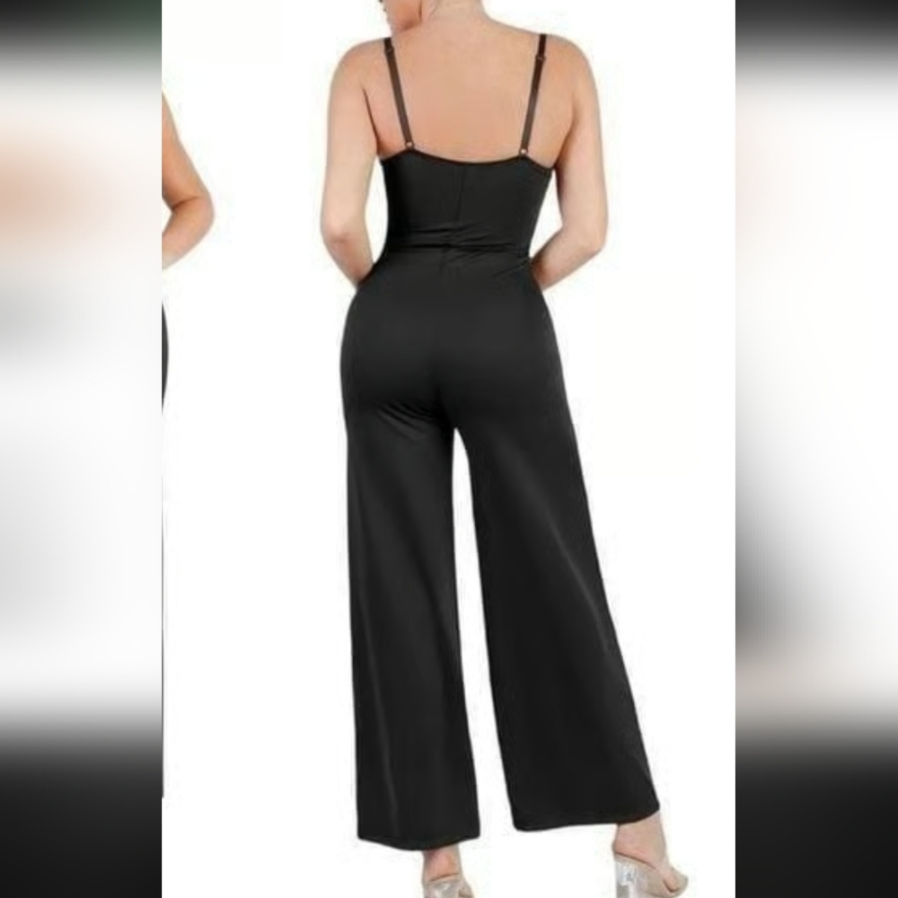 Popilush Shapewear Outer Wear Lace Deep V-Neck Sculpting Wide Leg Jumpsuit - Picture 2 of 4